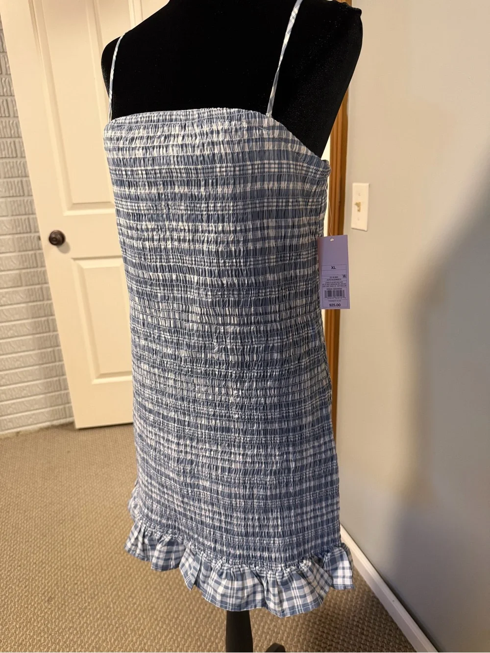 Wild Fable Smocked Gingham Mini Dress NWT Blue White Plaid XL